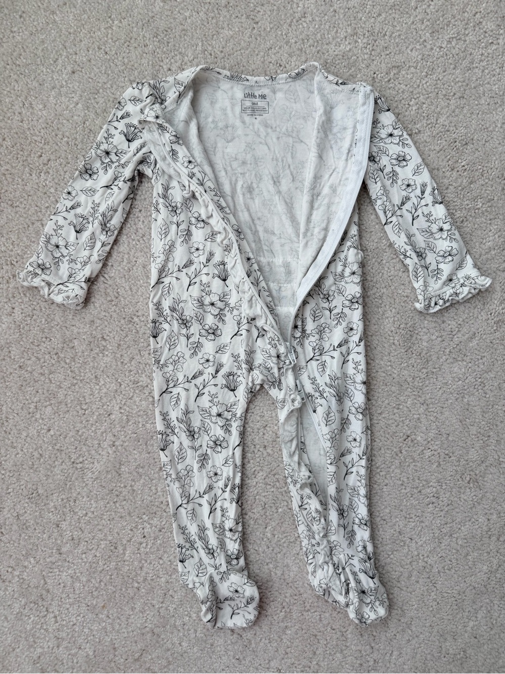 Little Me White and Black Floral Footie Ruffled Zippered One Piece - Picture 5 of 10